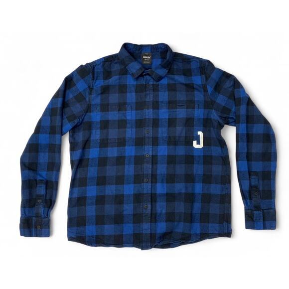 Oakley Men’s L Blue Black Plaid Flannel Button Up Shirt Long Sleeve Outdoor - Picture 1 of 12